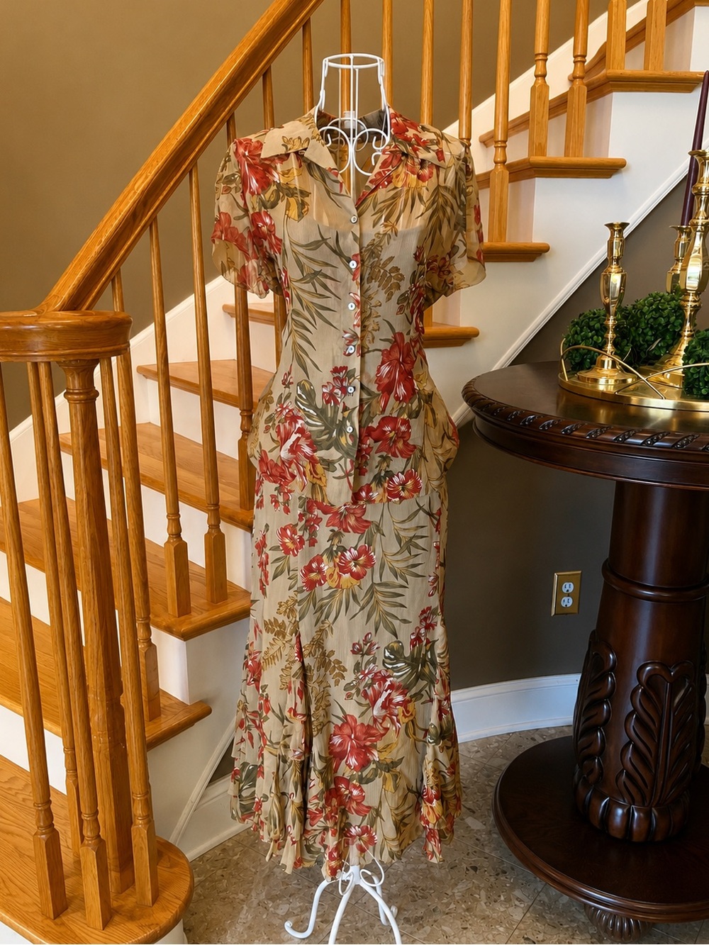 Vintage 100% Silk Tropical Floral Bohemian Two Piece Skirt Set Size 8/10